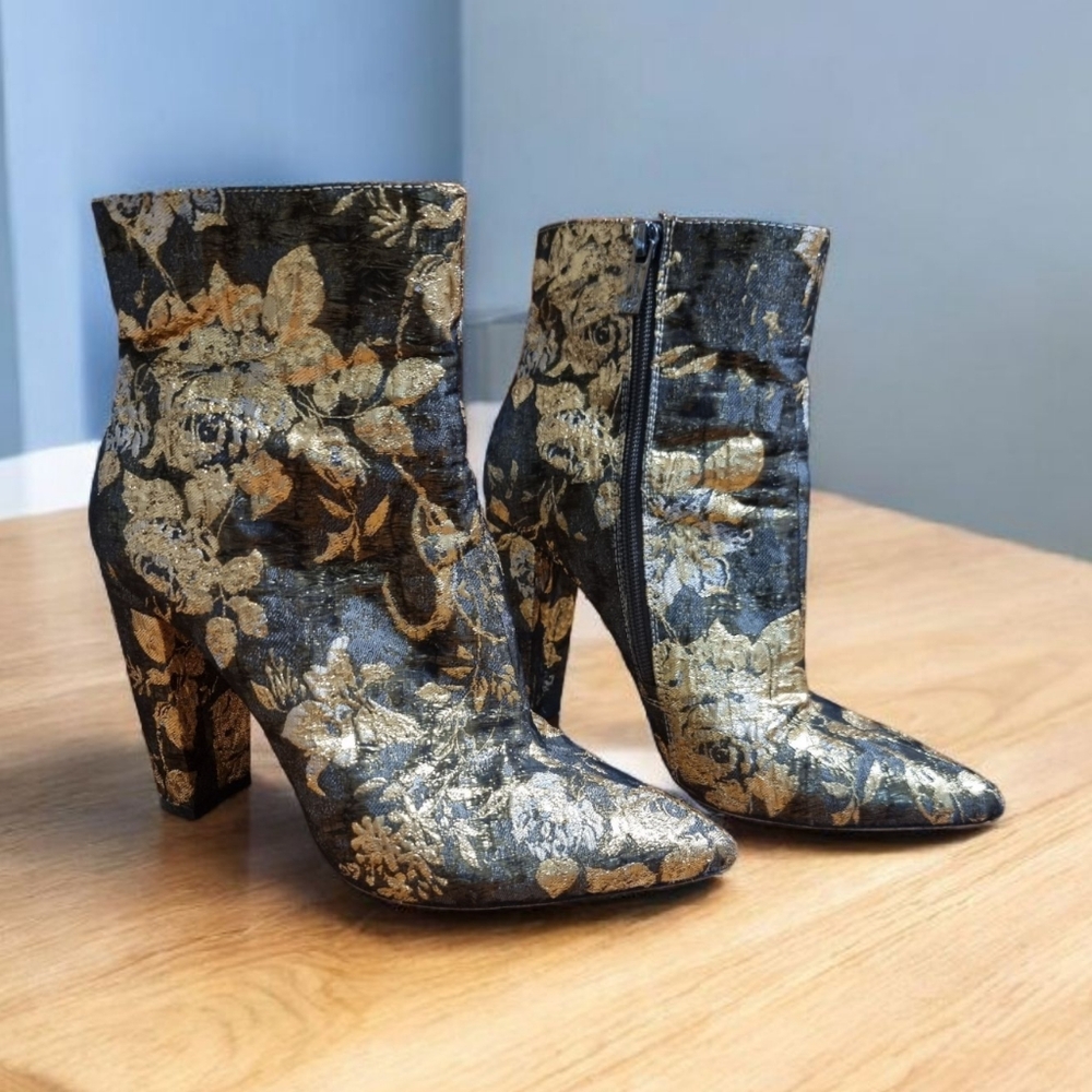 Jessica Simpson Elegant Gold & Brown Metallic Floral Ankle Boots